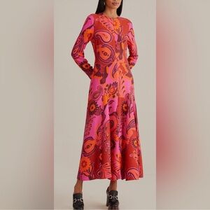 NWT Farm Rio Women's Bold Floral Pink and Orange Long Sleeve Maxi Dress XS